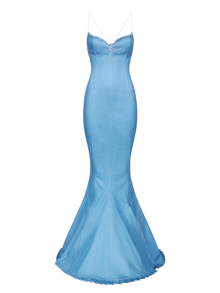 chinese dress ladies Mermaid Cleavage Dress in Denim – ludovic de saint sernin