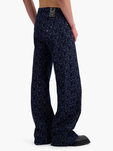 Indigo Monogram Wide Leg Lace Up Jeans
