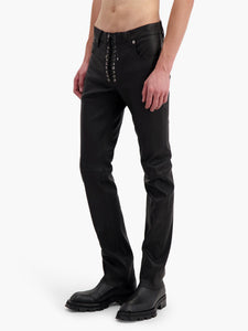 Black Lace Up Stretch Leather Jeans