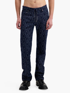 Indigo Monogram Straight Leg Lace Up Jeans