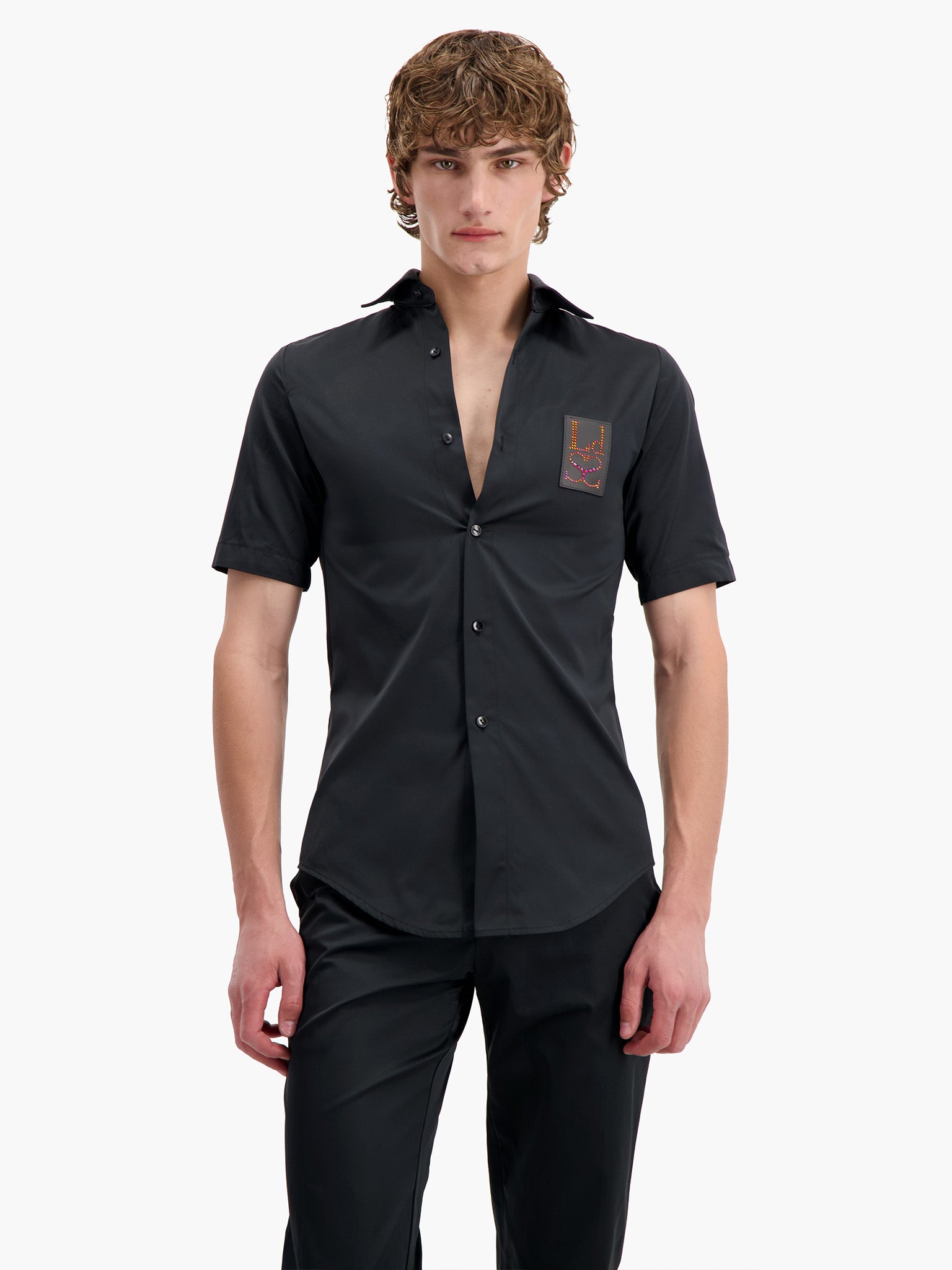 Black Taffeta Short Sleeve Slim Shirt